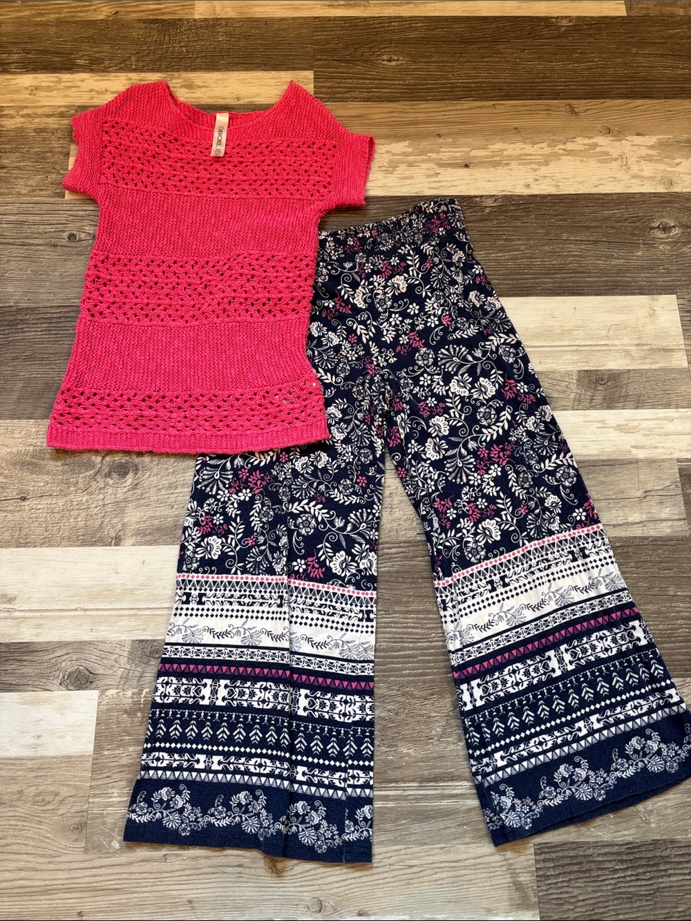 Target Bright Pink Knit Top with Navy Floral Wide-Leg Pants Set